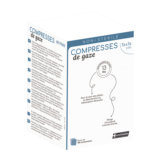 Compresse de gaze non stérile - 13 fils - 17g/m²- 8 plis - 7,5 x 7,5 cm