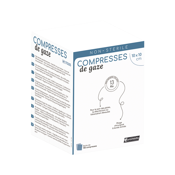Compresse de gaze non stérile - 13 fils - 17g/m²- 12 plis - 10 x 10 cm