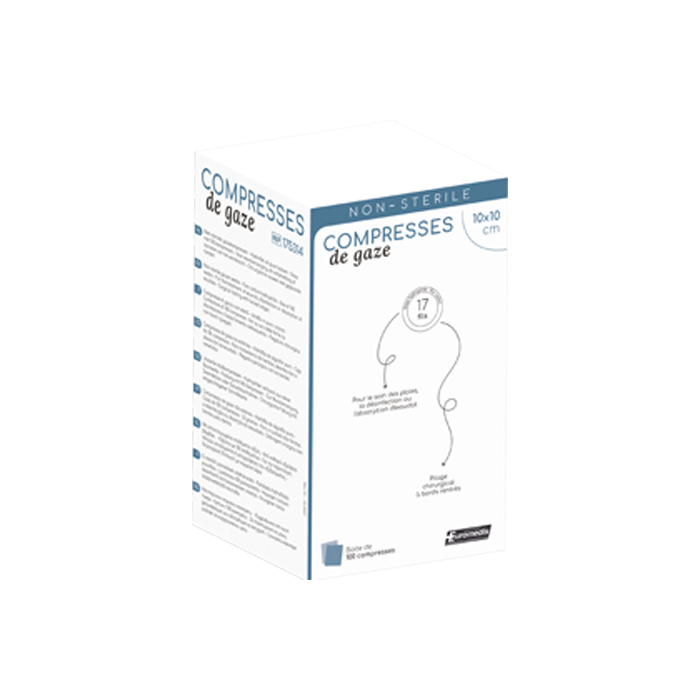 Compresse de gaze non stérile - 17 fils - 23g/m² 12 plis - 10 x 10 cm