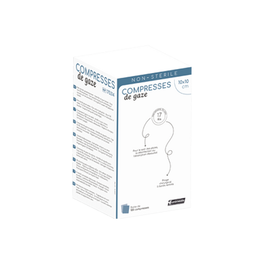 Compresse de gaze non stérile - 17 fils - 23g/m²  12 plis - 10 x 10 cm
