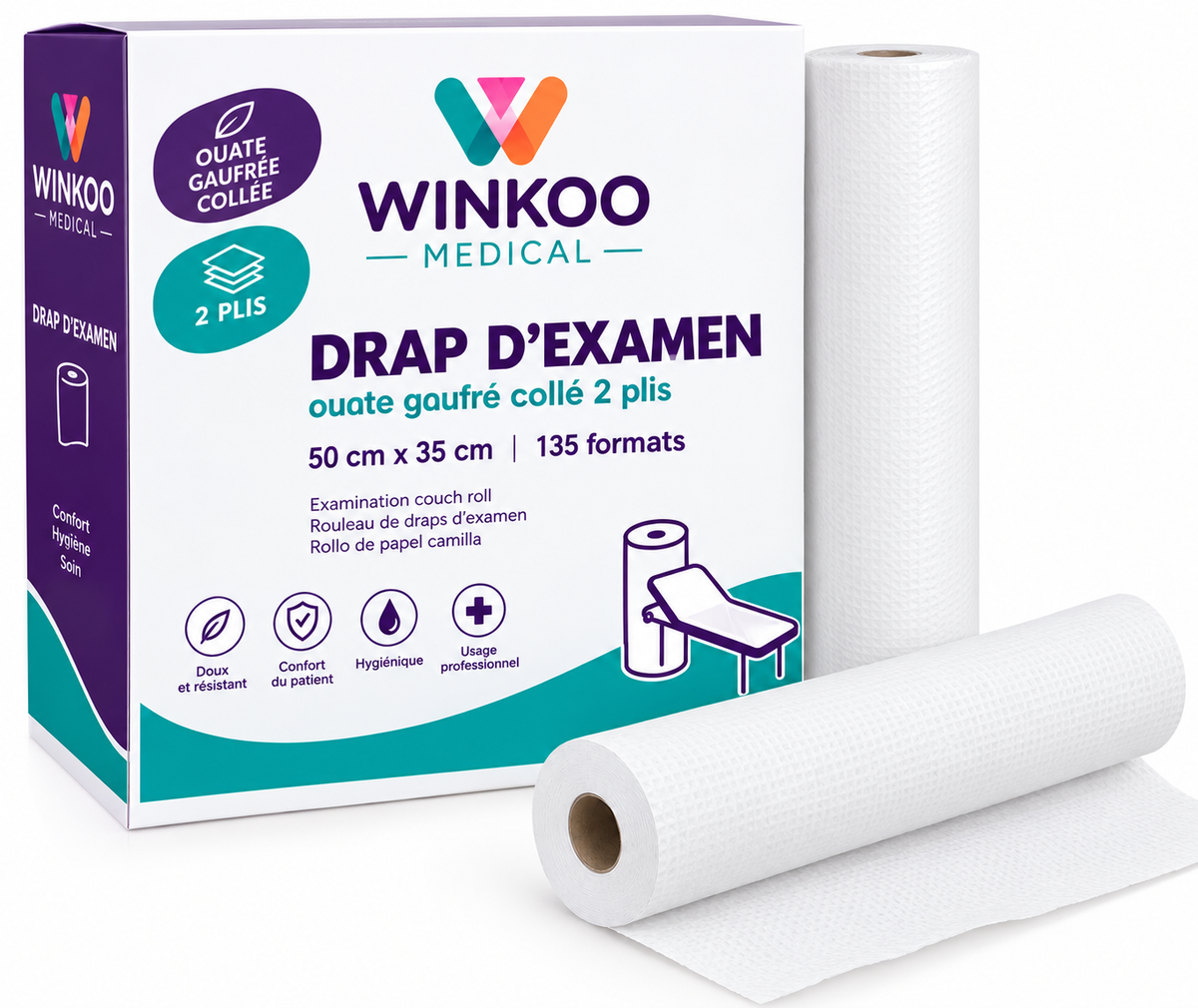 Drap d'examen  WINKOO ouate gaufré collé 2 plis 50 cm x 35 cm 135 formats